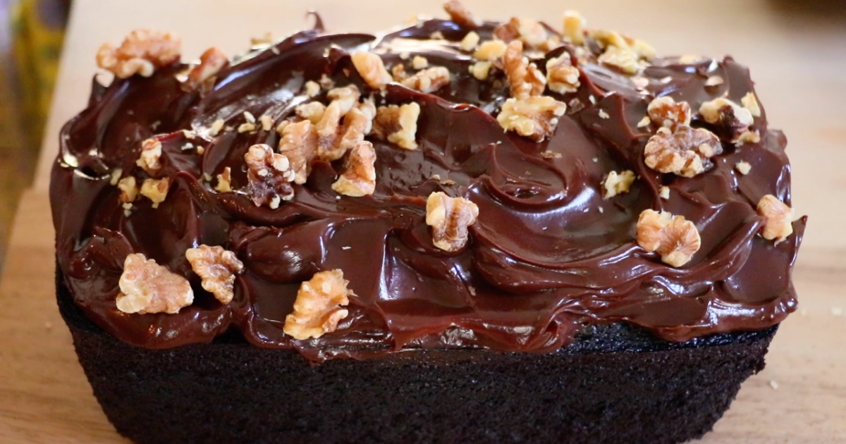 chocolate banana cake and dark chocolate ganache and walnut on top