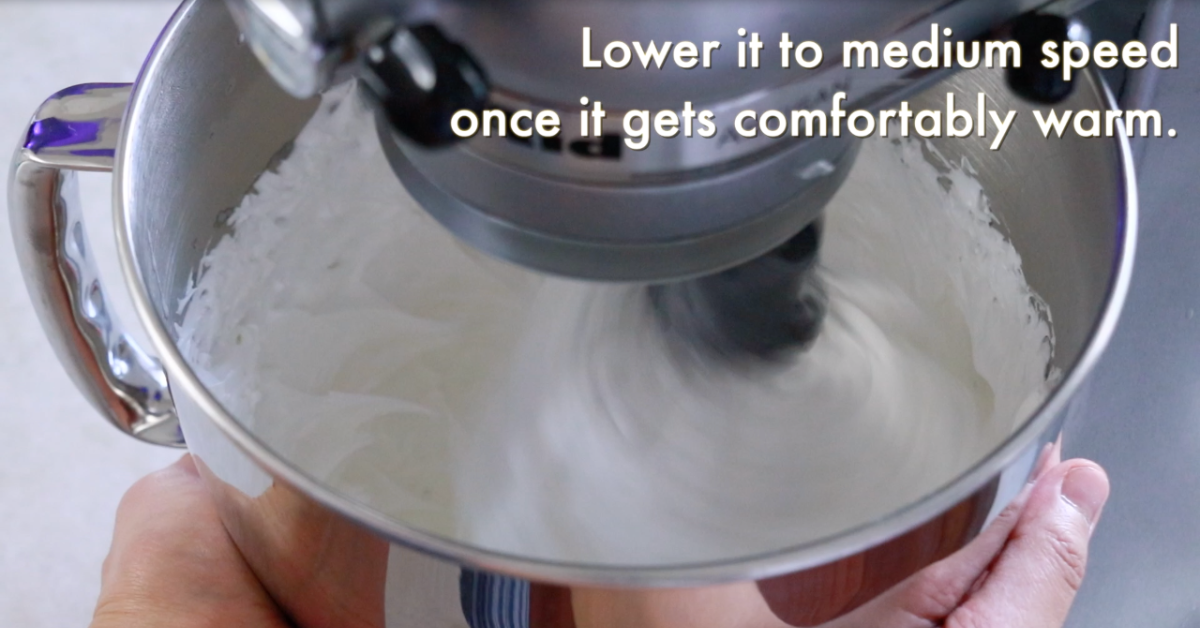 mixing Swiss meringue at medium speed