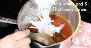 adding a vanilla pod and heavy cream in hot caramel a pod