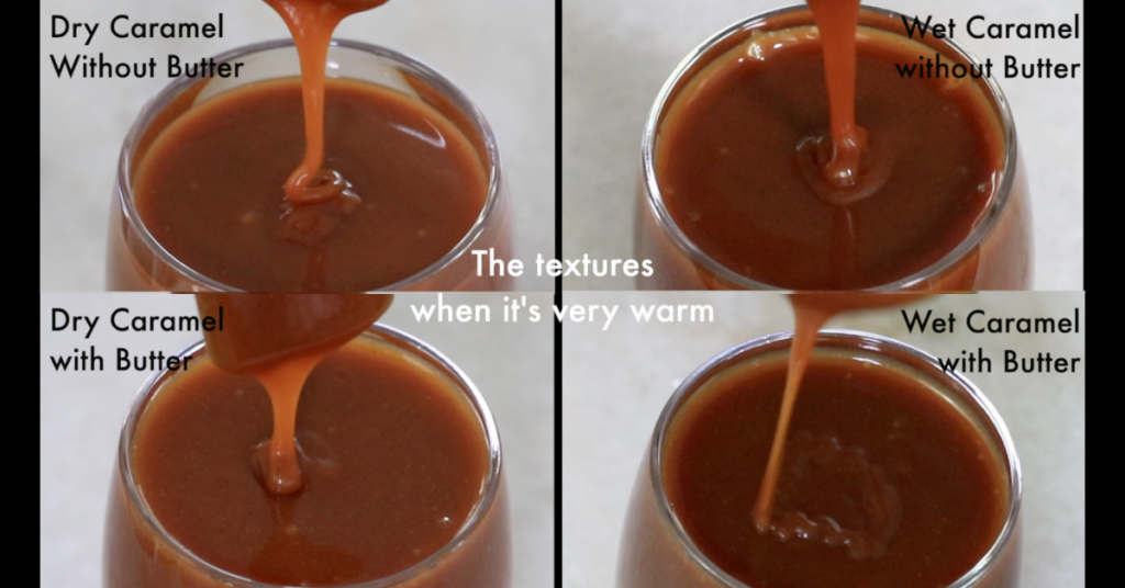 the textures of caramel sauce when it's very warm