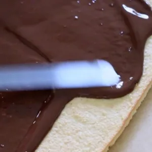 spreading melted chocolate on a biscuit joconde