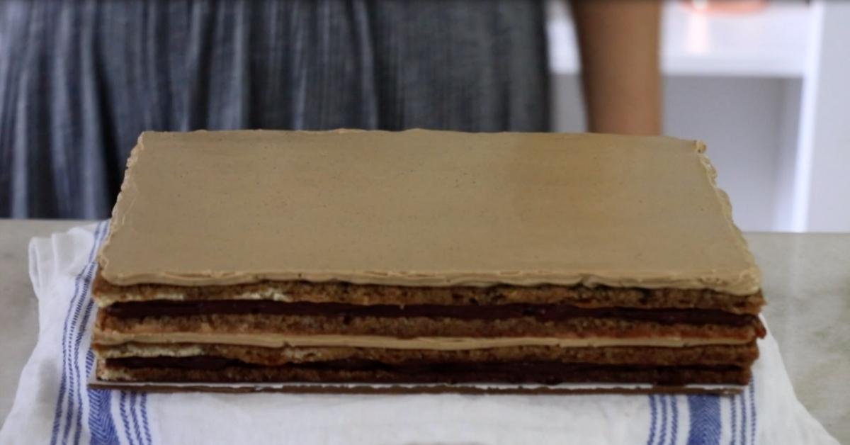 an assembled opera cake before coating chocolate glaze