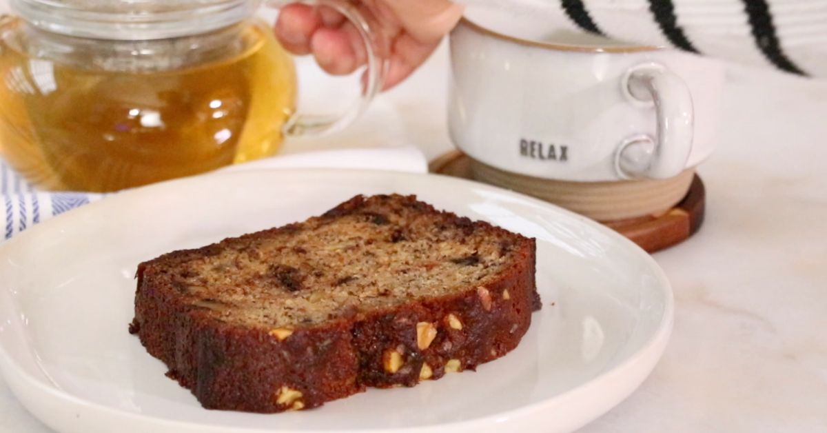 a slice of banana bread on a plate