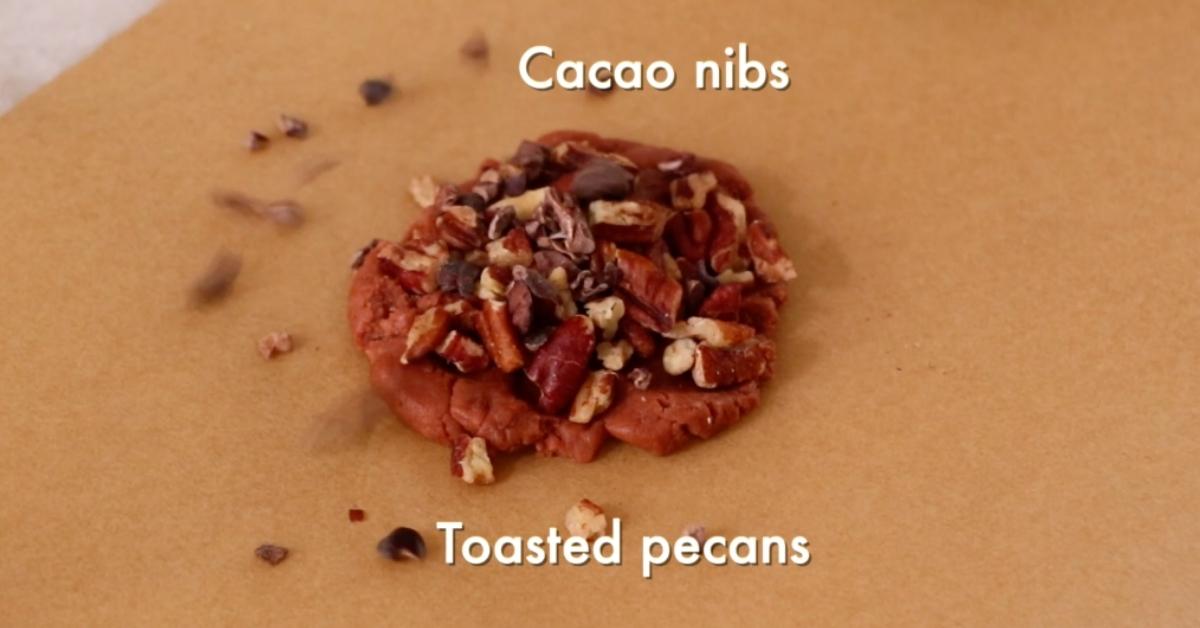 chocolate cookie dough with pecans and cacao nibs