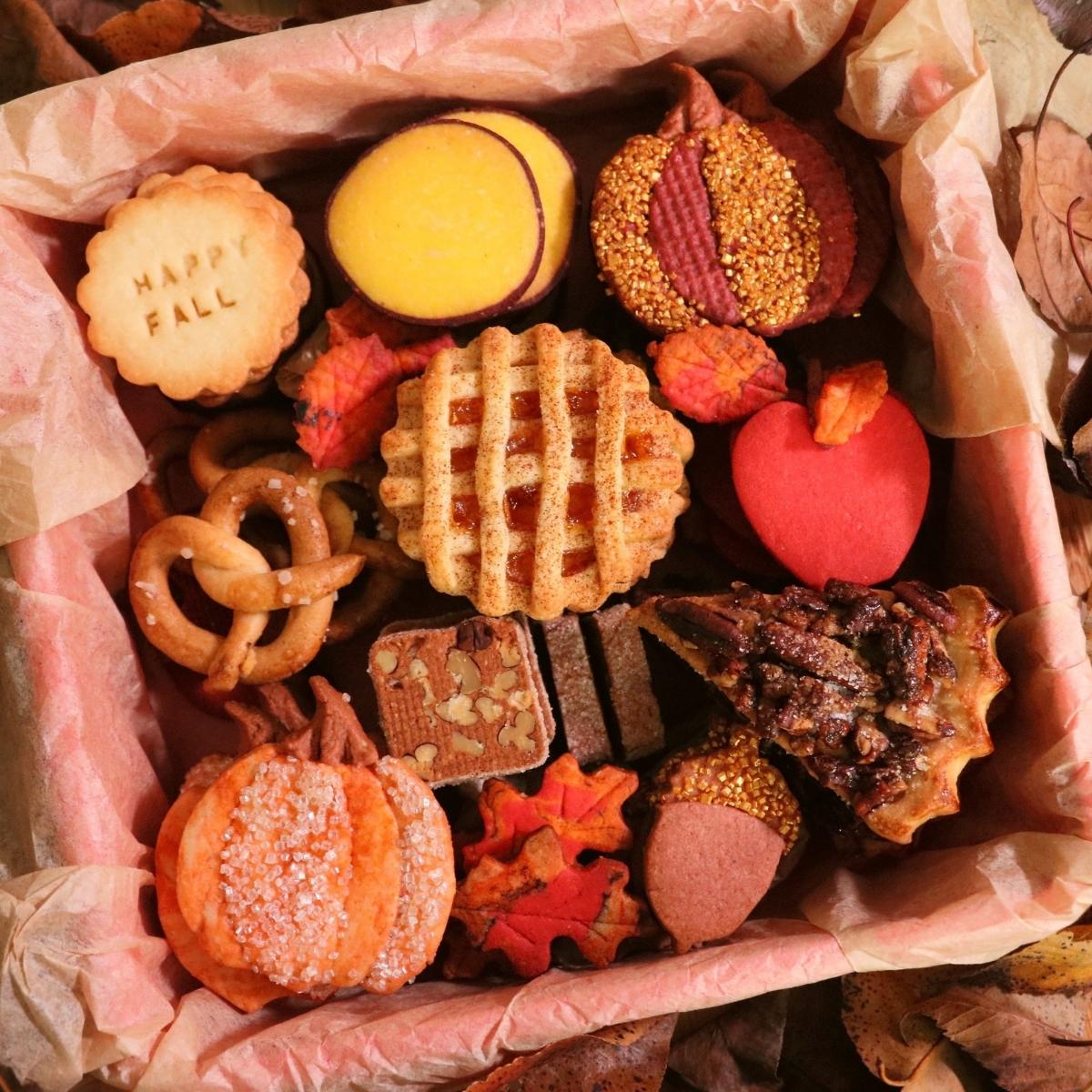 10 kinds of fall cookies in a box