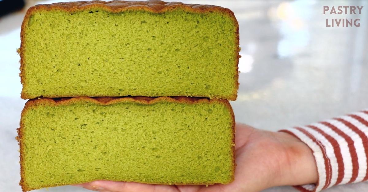 up-close of fluffy matcha green tea sponge cake cut in half
