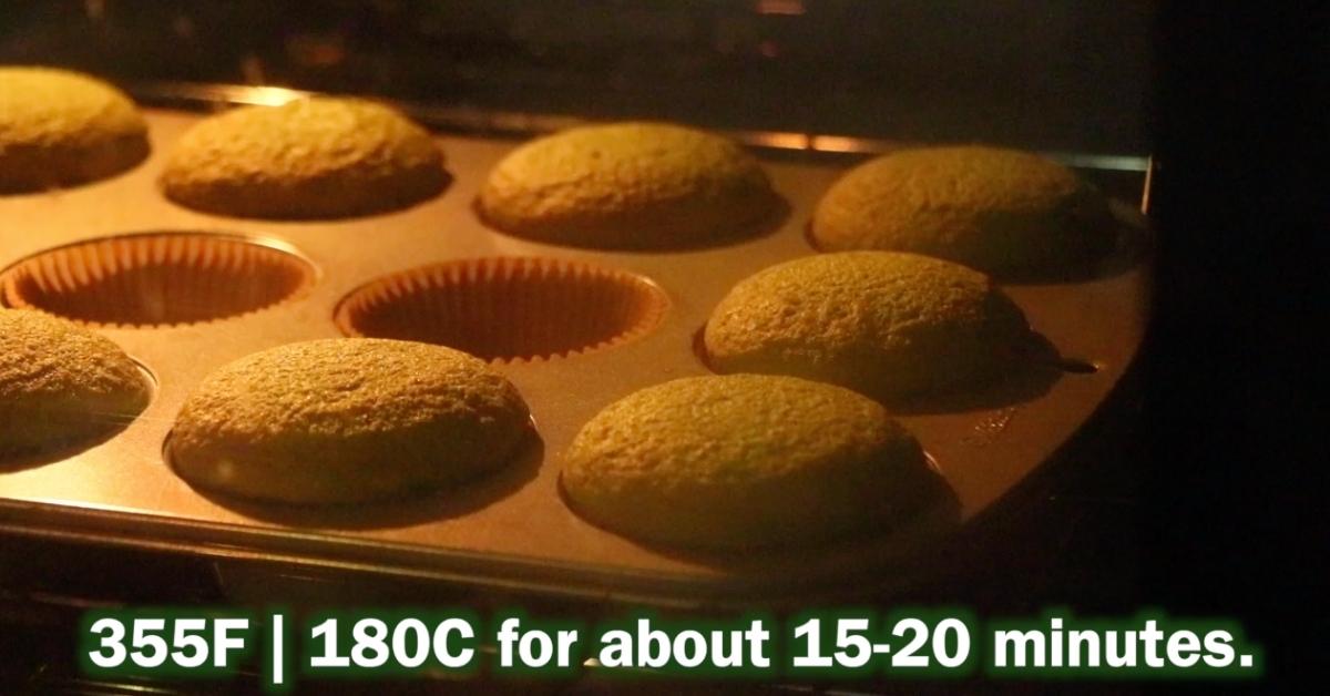 matcha sponge cupcakes in the oven
