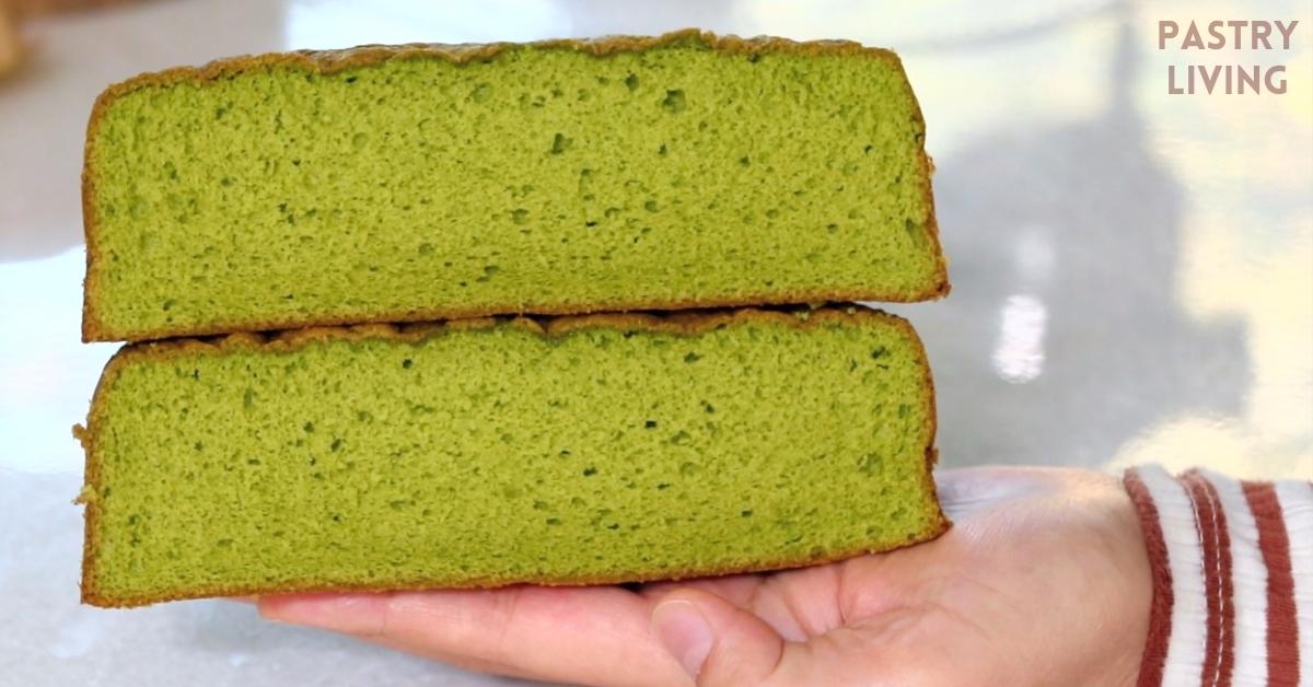 holding matcha green tea sponge cake cut in half