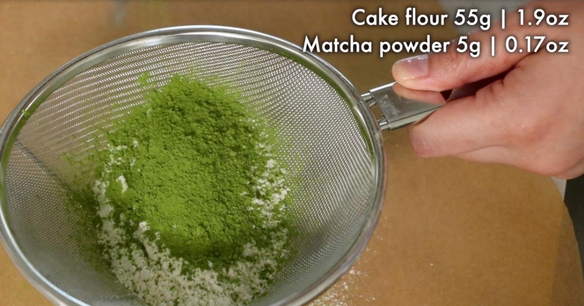 matcha powder and all-purpose flour in a sieve