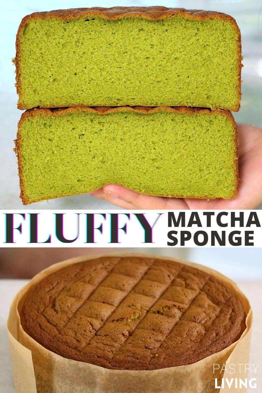 fluffy matcha sponge cake cut in half and a whole cake