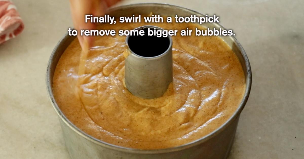 Chiffon cake batter: swirl with a toothpick to remove some big air bubbles