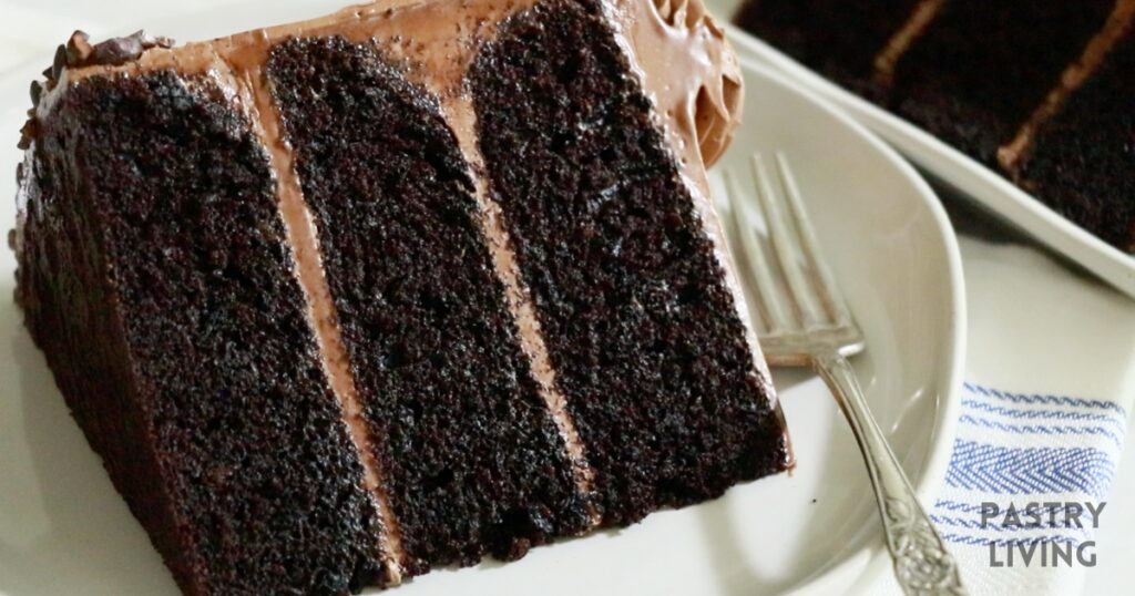 a slice of fluffy and moist chocolate cake on a plate