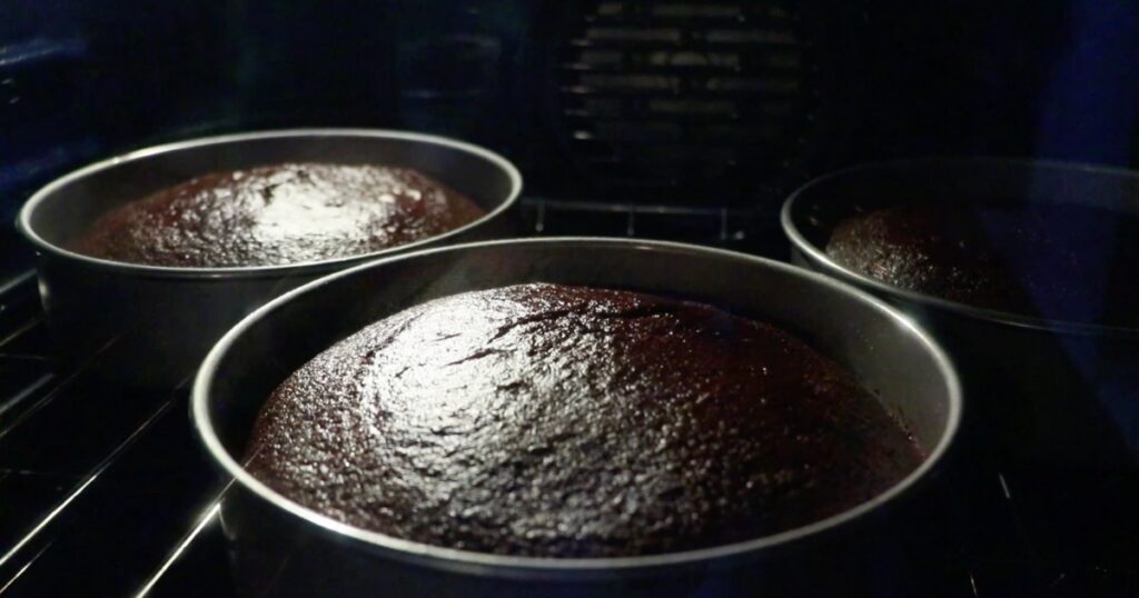 3 8" chocolate cakes in the oven