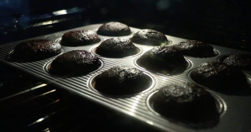 regular chocolate cupcakes in the oven