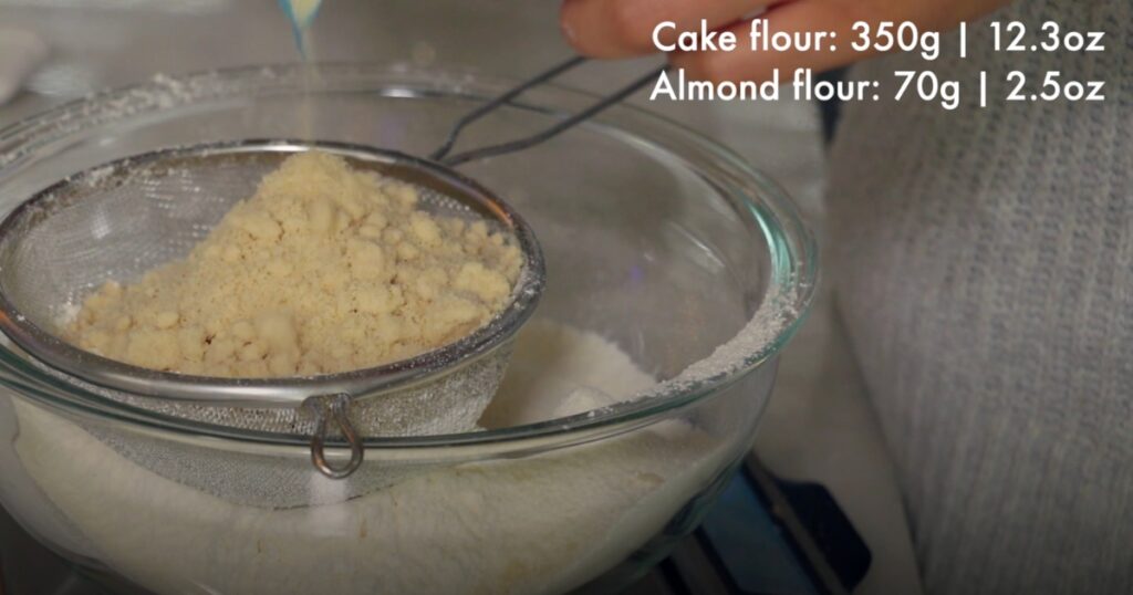 sifting cake flour and almond flour