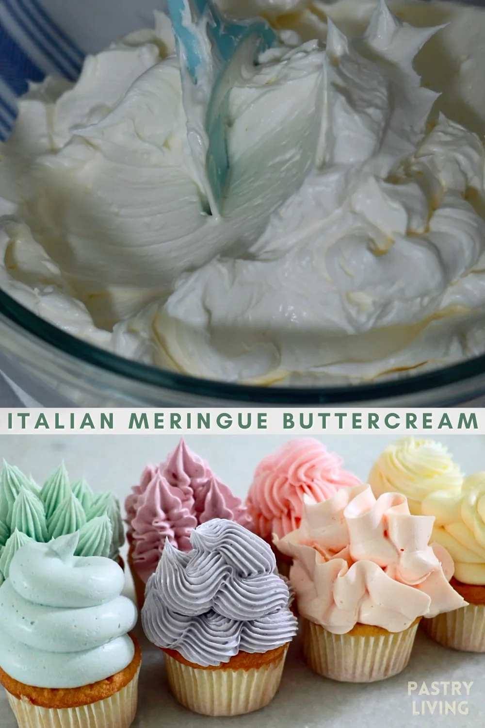 homemade Italian buttercream in a bowl and on cupcakes