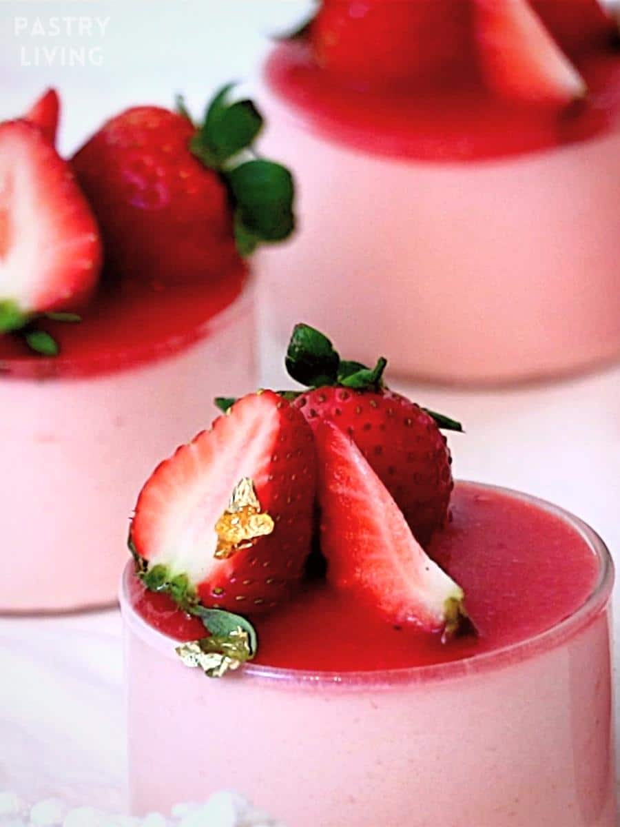 strawberry mousse with strawberry sauce and fresh strawberries