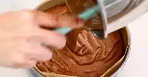 pouring chocolate sponge cake batter in a pan