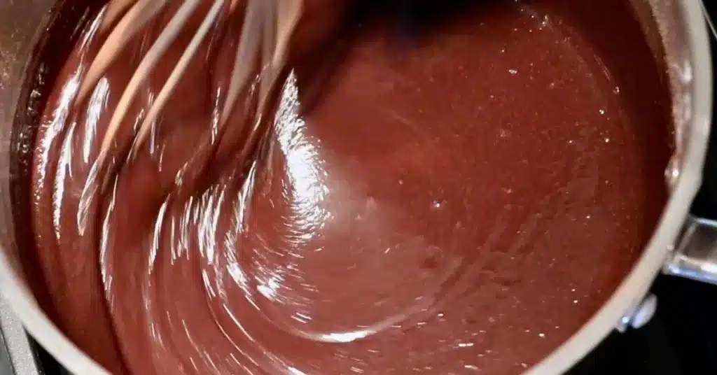 mixing water, sugar and cocoa powder to make mirror glaze