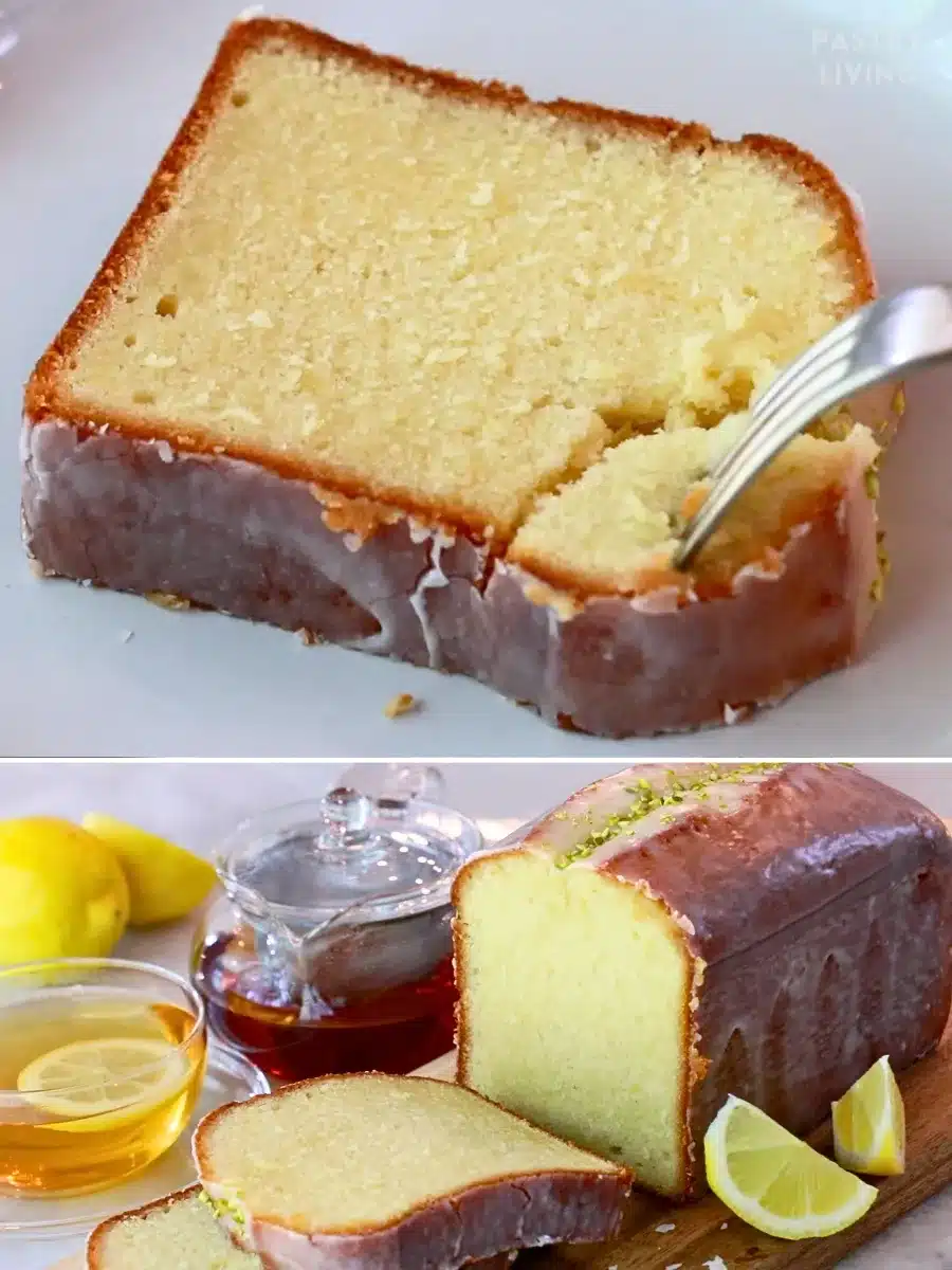 a slice of lemon pound cake on a plate and the load with a tea pot