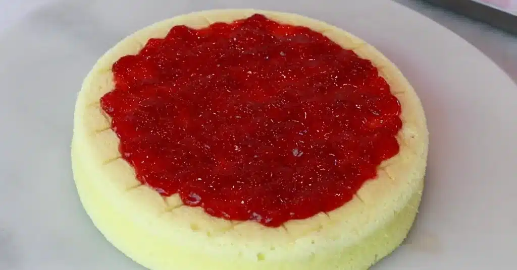 spread strawberry jam on top of sponge to make strawberry cream cake