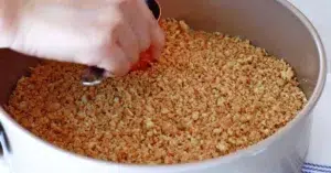 pressing butter, graham crackers, and sugar for cheesecake crust