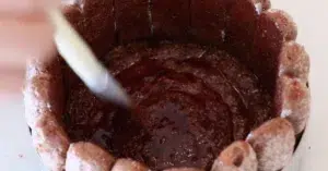 applying cherry cake syrup on the first layer of chocolate sponge cake to make assembling chocolate ladyfingers on a cake ring to make black forest charlotte cake