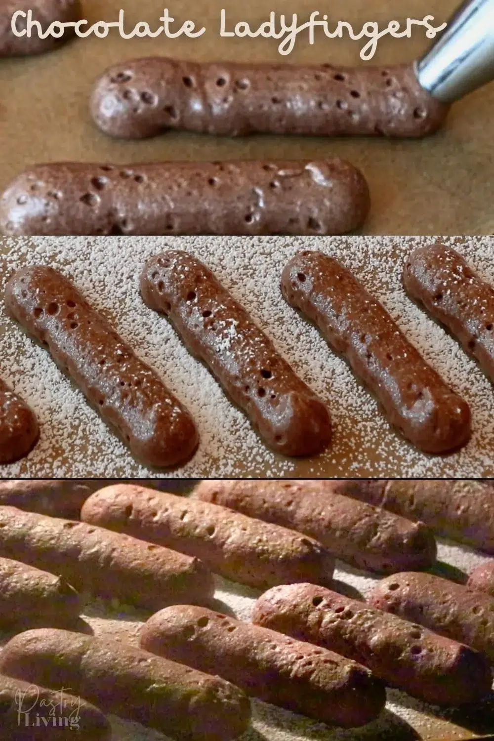 chocolate ladyfingers before and after baking