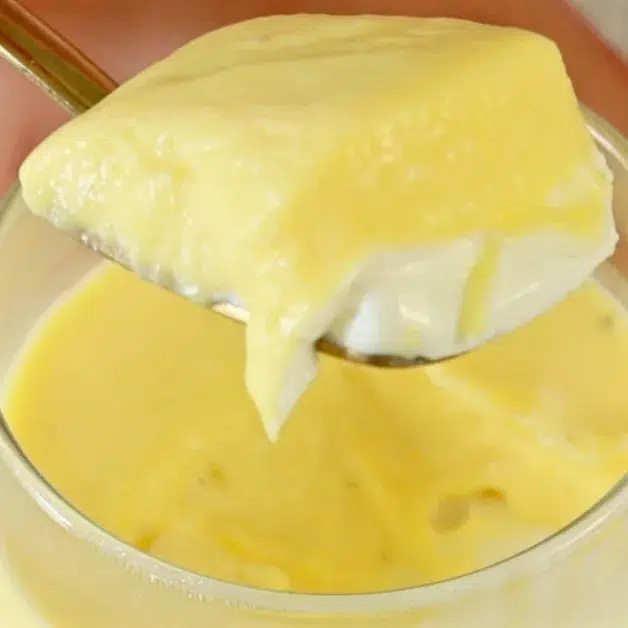 layers of vanilla and mango panna cotta in a spoon