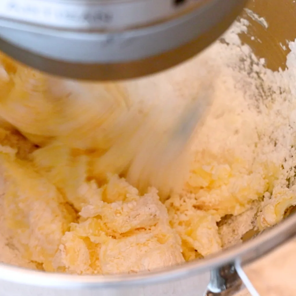 mixing butter, powdered sugar and vanilla to make shortbread cookies