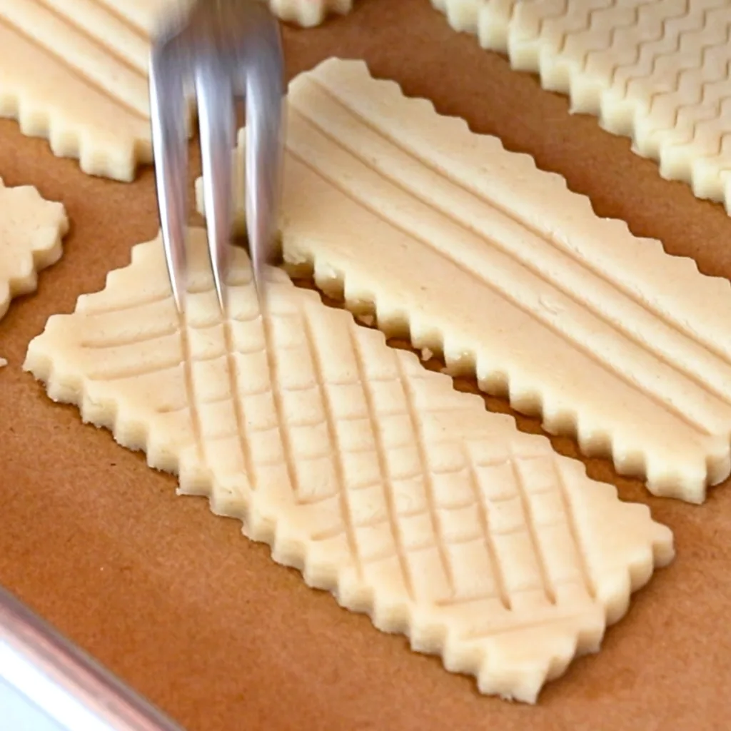 adding mesh patterns on shortbread cookie dough with a fork