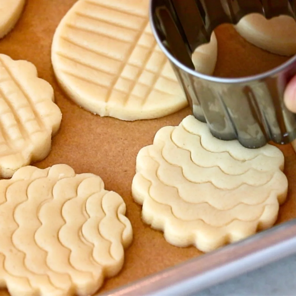 adding ruffle patterns on shortbread cookie dough with a cookie cutter