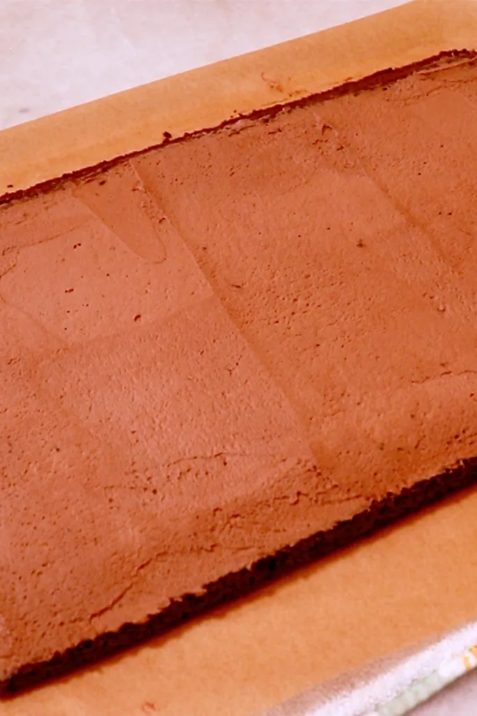 chocolate cream spread on chocolate sponge cake to make buche de noel