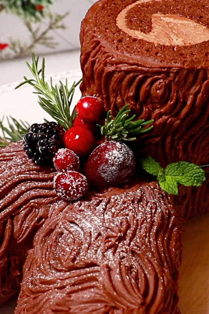 buche de noel decorated with herbs and fresh fruits