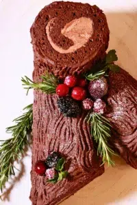 homemade yule log cake, a view from the top
