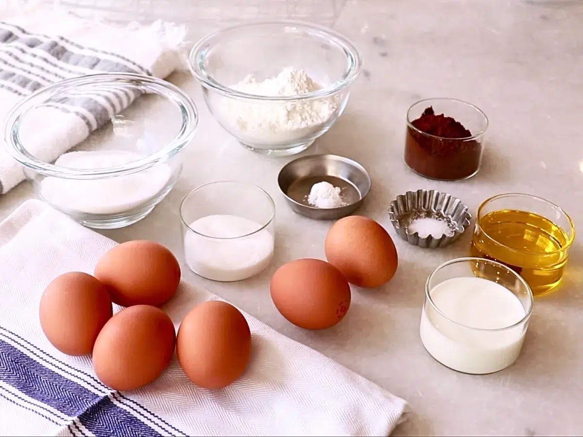 ingredients to make chocolate sponge cake for a roll cake