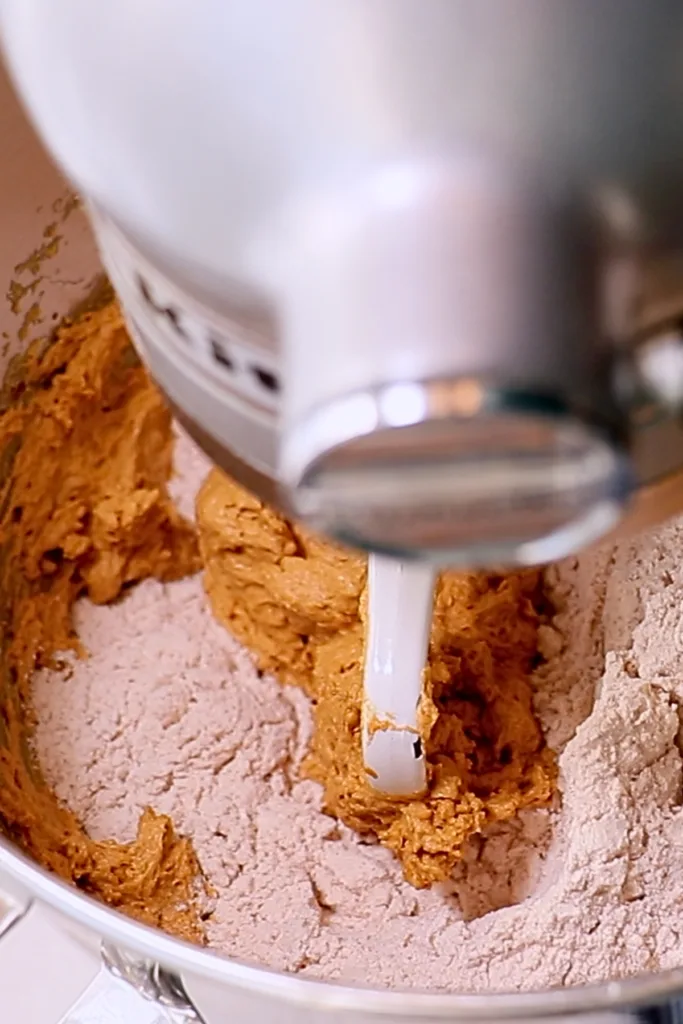 adding dried ingredients in a bowl to make gingerbread cookies