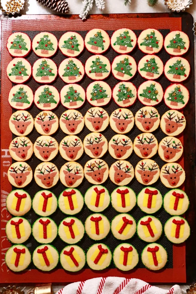 homemade slice-and-bake Christmas cookies on a baking sheet