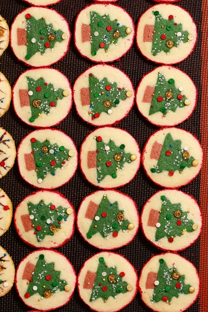 slice-and-bake Christmas tree cookies on a baking sheet