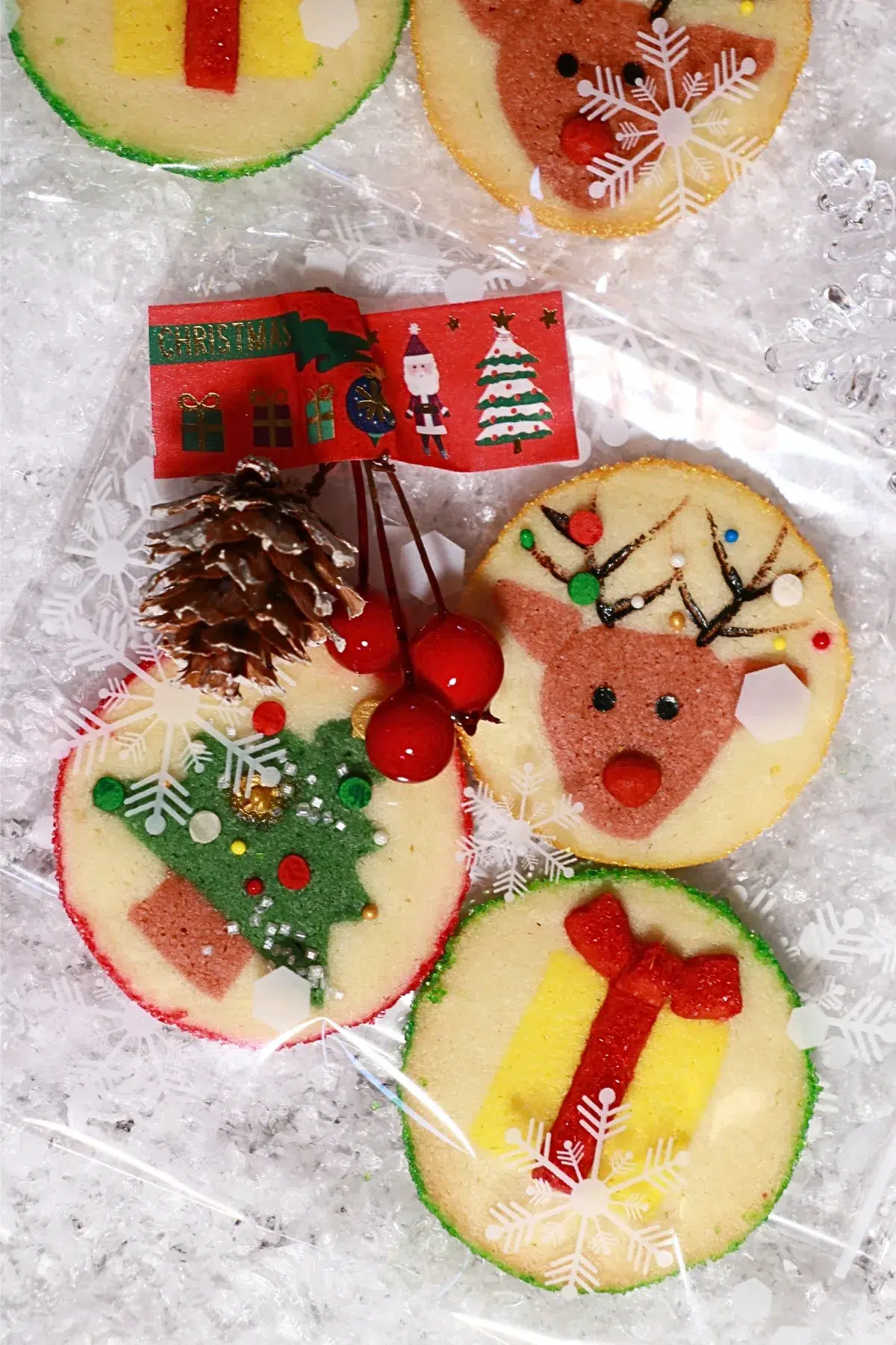 3 kinds of homemade slice-and-bake Christmas cookies in a gift bag