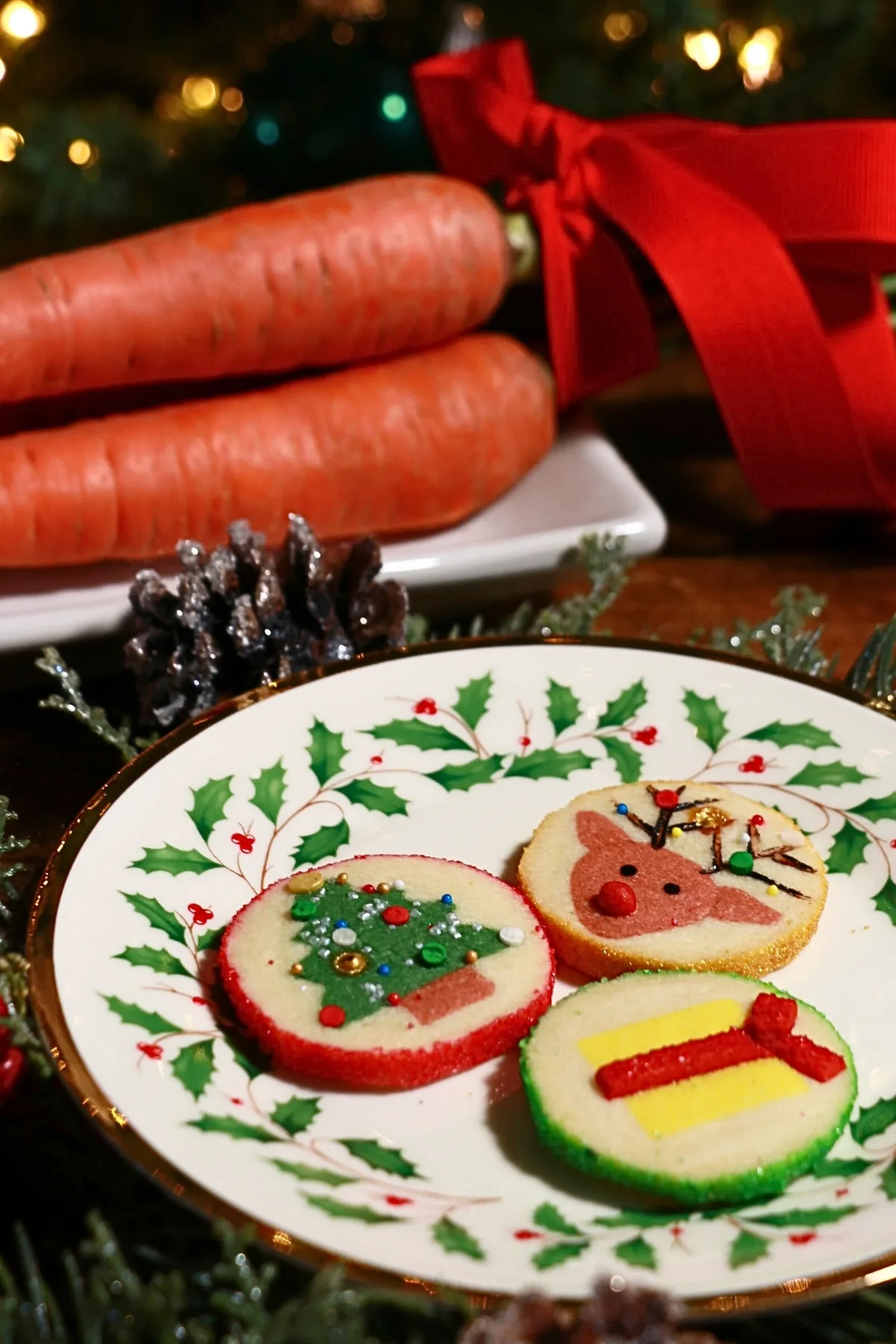 3 kinds of slice-and-bake Christmas cookies on a plate for Santa
