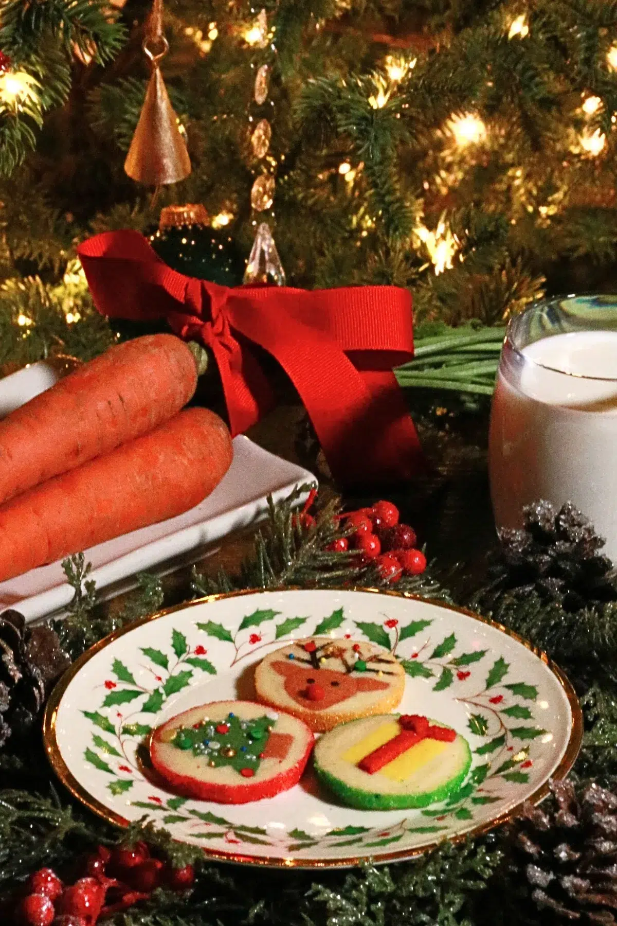 slice-and-bake Christmas cookies on a plate served with carrot and milk