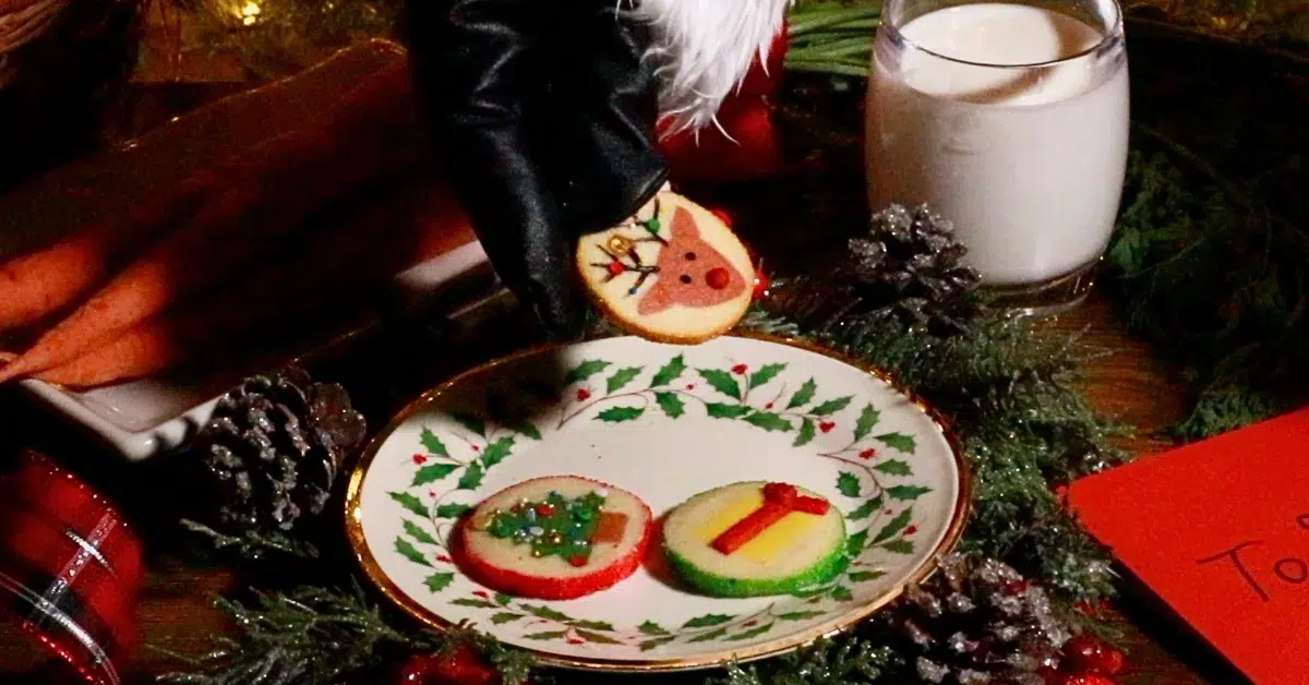 Santa picking a slice-and-bake reindeer cookie