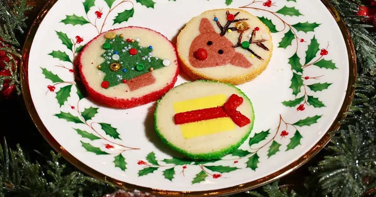 3 kinds of slice-and-bake Christmas cookies on a plate