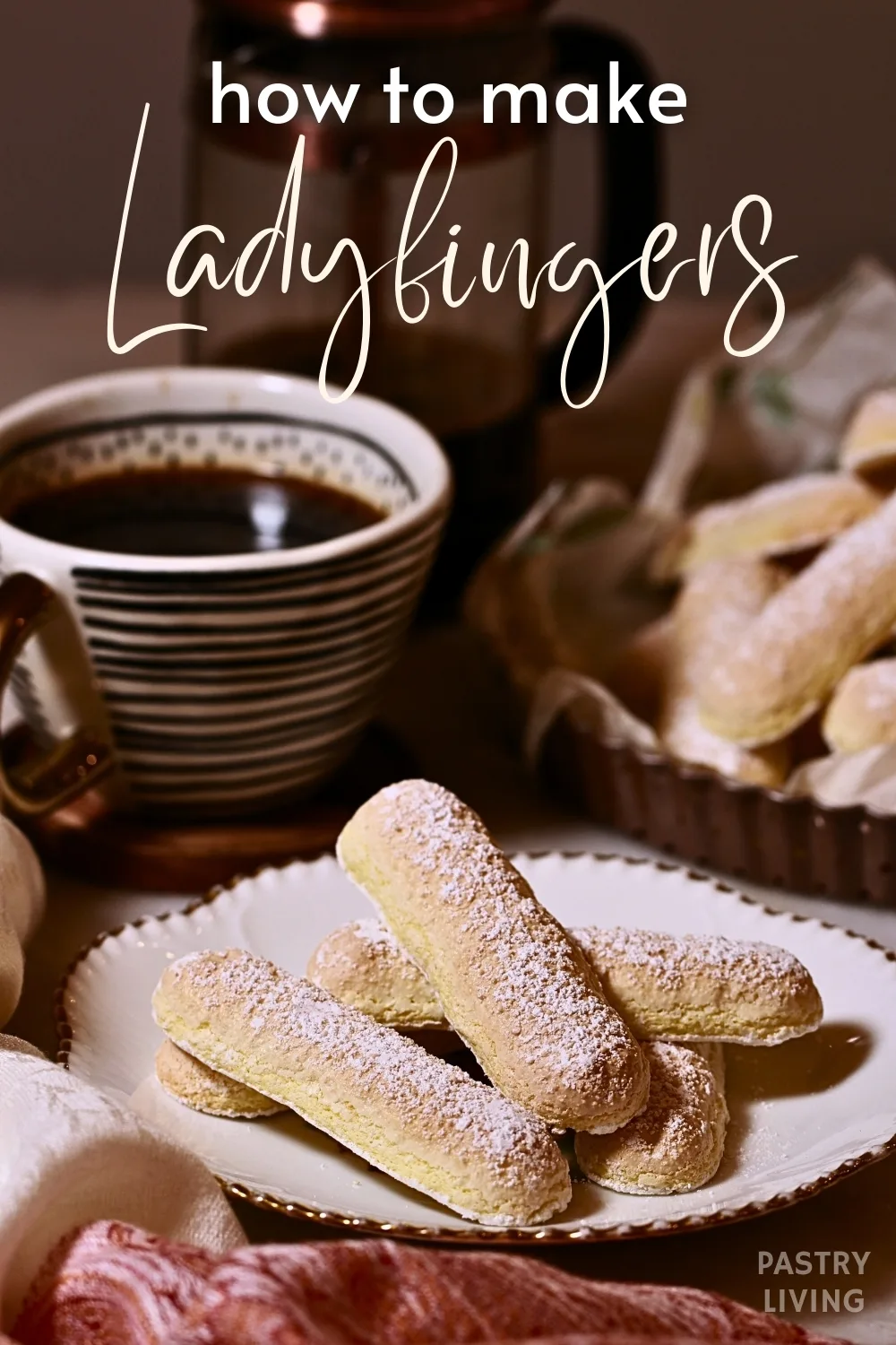 homemade ladyfingers on a plate and coffee set