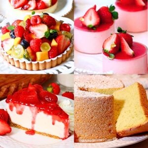 4 light spring desserts - fruit tart, strawberry mousse, strawberry no-bake cheesecake, and chiffon cake